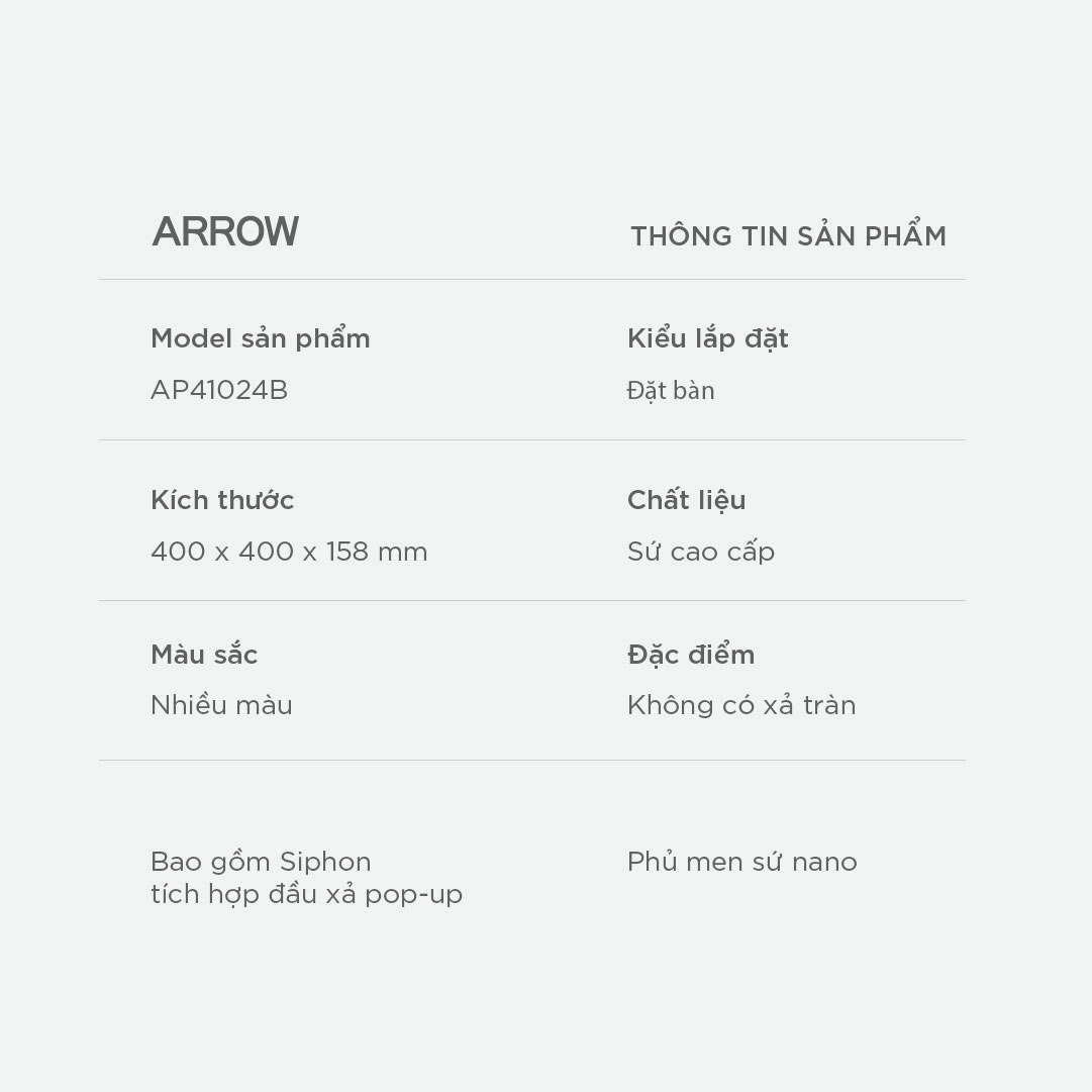 Chậu rửa lavabo đặt bàn Arrow AP41024B